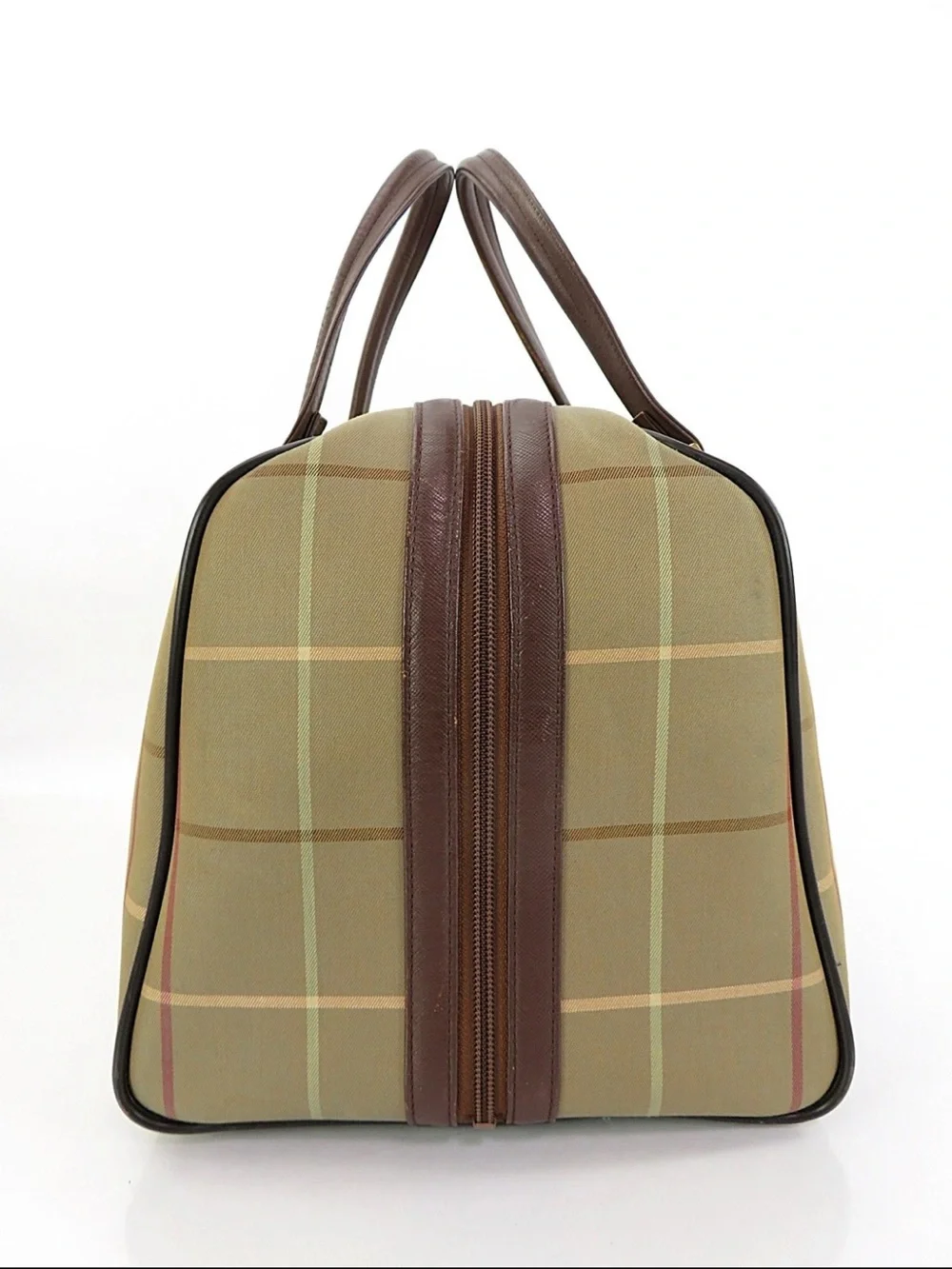 Burberry Olive Green Plaid Canvas Top-Handle Satchel with Brown Leather Trim